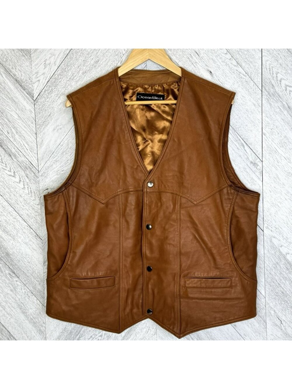 Ocean West 100% Lambskin Leather Vest Mens Size 48 (XL) Tan Brown Western Cowboy